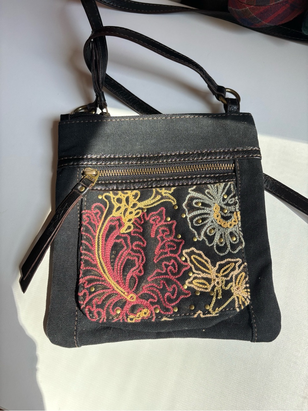 Fossil Black Crossbody with Red and Gold Embroidered Panel